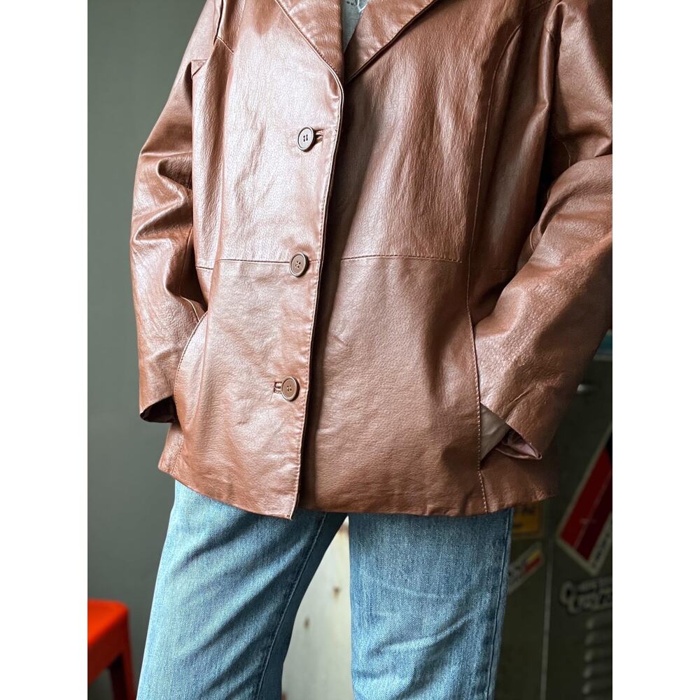 Vintage Brown Leather Blazer | Cognac Brown 3-Button Jacket | Size XL - Picture 5 of 8